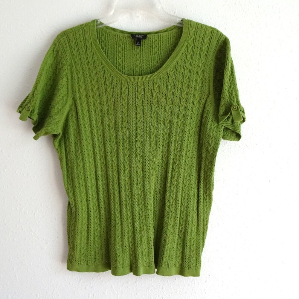 Talbots Cable Knit Top Women's Petite Size 2X Green Short Sleeve